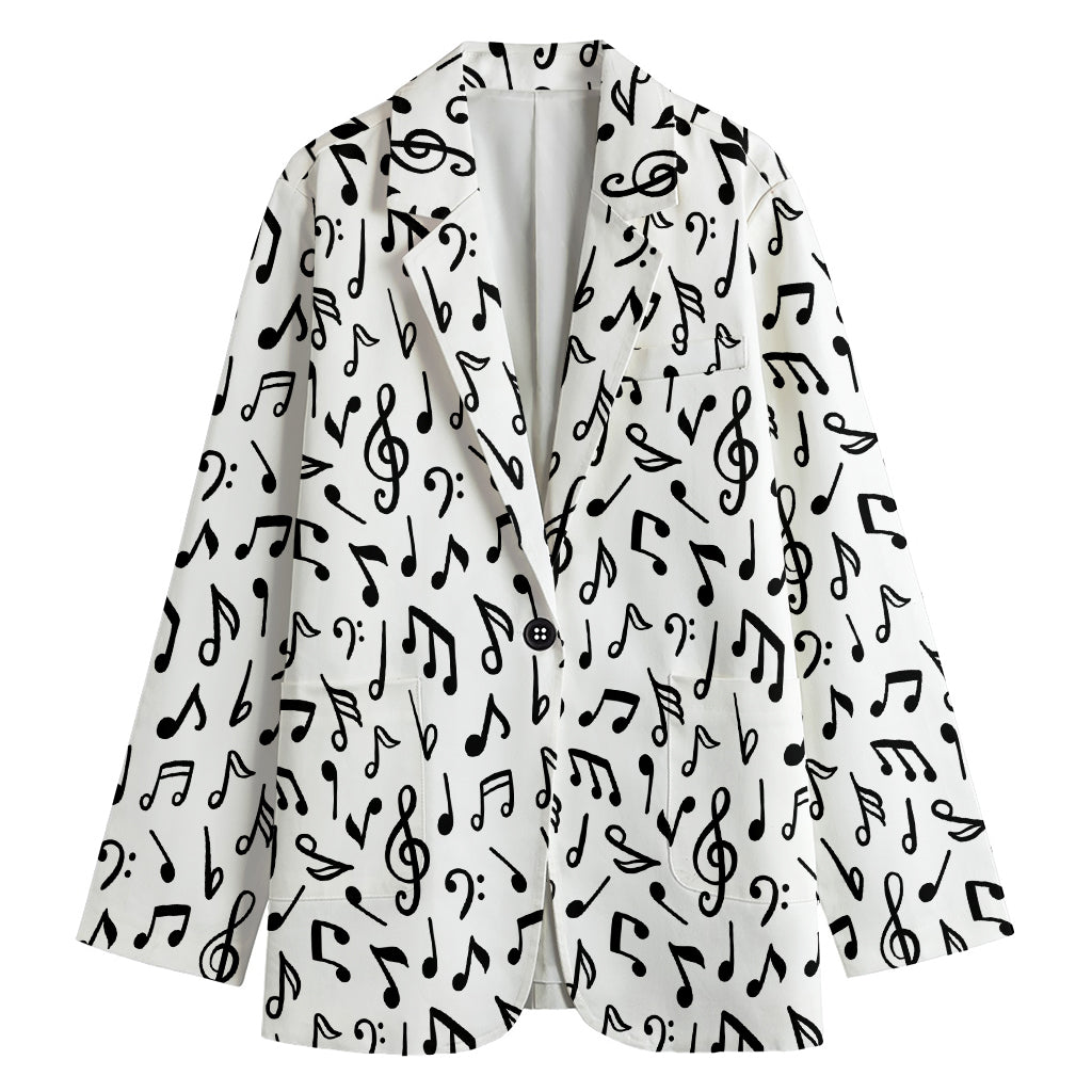 White And Black Music Note Pattern Print Women's Blazer