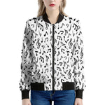 White And Black Music Note Pattern Print Women's Bomber Jacket