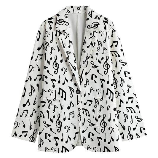 White And Black Music Note Pattern Print Women's Cotton Blazer