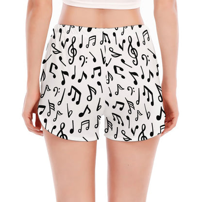 White And Black Music Note Pattern Print Women's Split Running Shorts