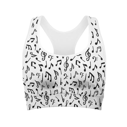 White And Black Music Note Pattern Print Women's Sports Bra