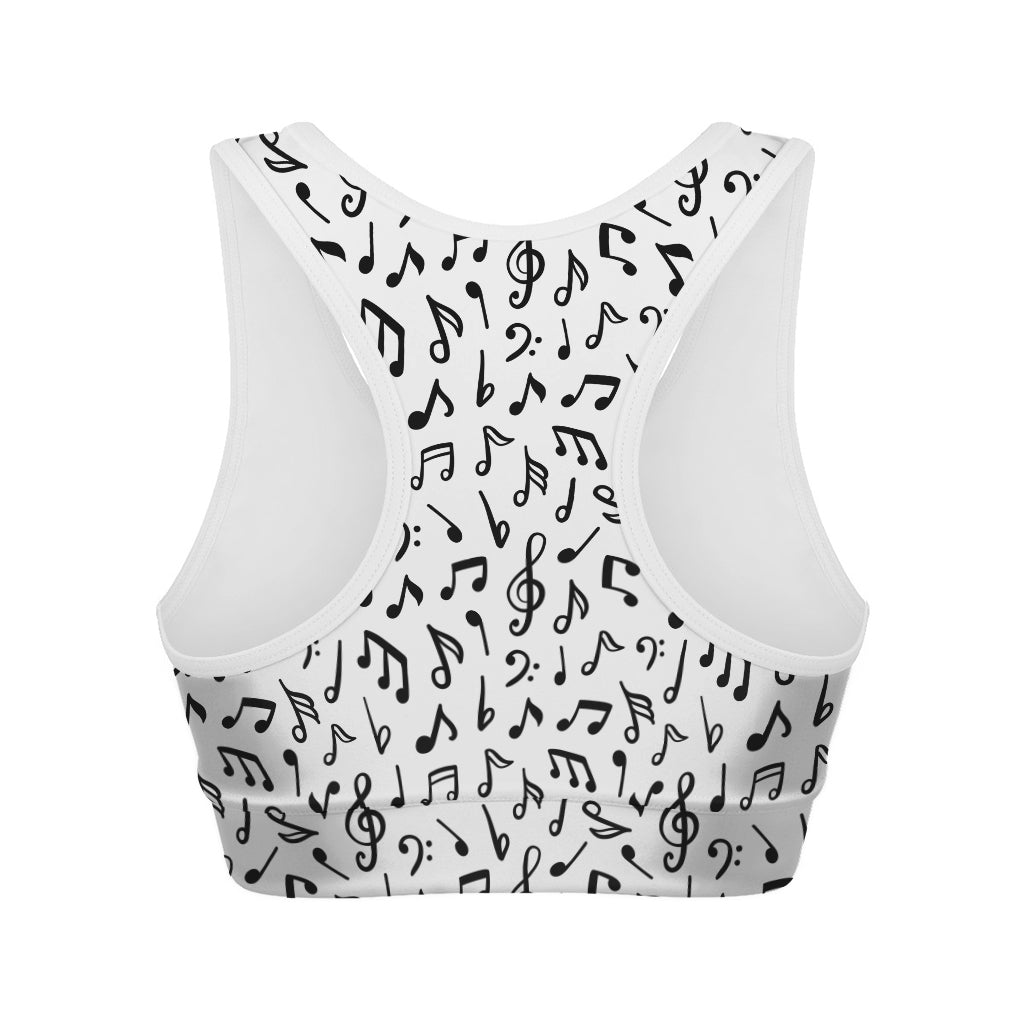 White And Black Music Note Pattern Print Women's Sports Bra