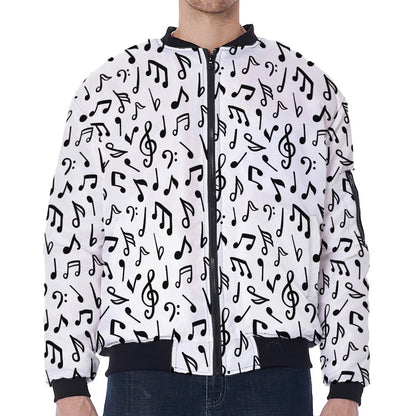 White And Black Music Note Pattern Print Zip Sleeve Bomber Jacket