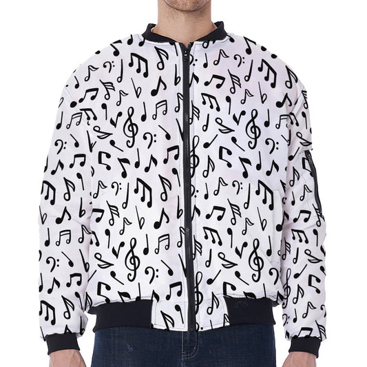 White And Black Music Note Pattern Print Zip Sleeve Bomber Jacket