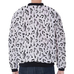 White And Black Music Note Pattern Print Zip Sleeve Bomber Jacket
