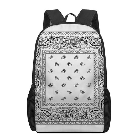 White And Black Paisley Bandana Print 17 Inch Backpack
