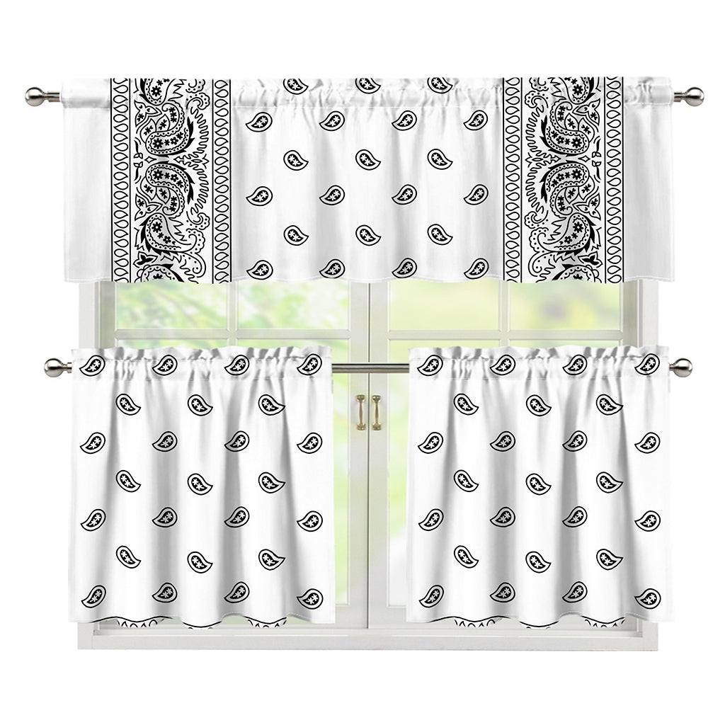 White And Black Paisley Bandana Print 3 Piece Kitchen Curtains