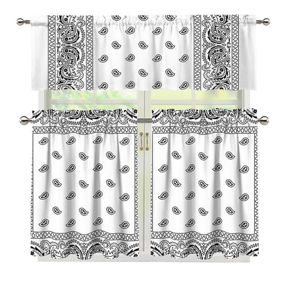 White And Black Paisley Bandana Print 3 Piece Kitchen Curtains