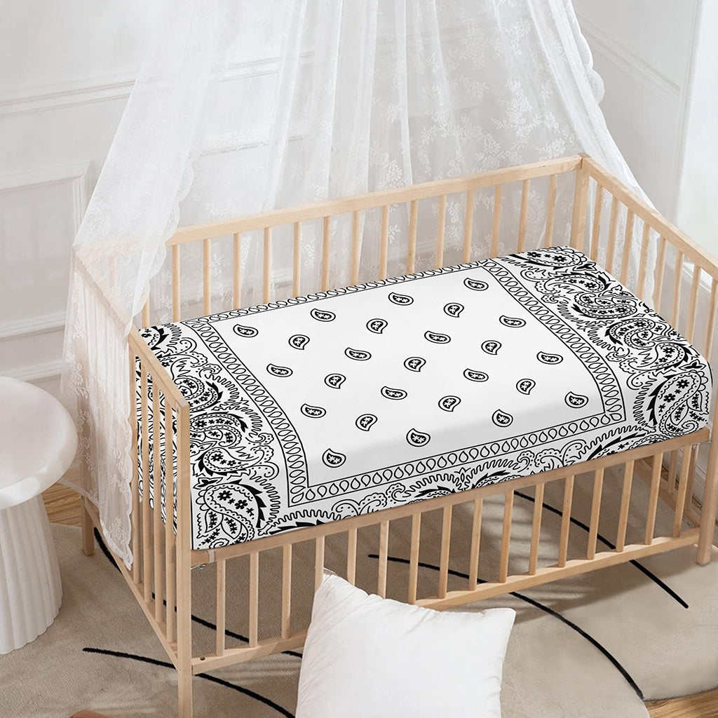 White And Black Paisley Bandana Print Baby Crib Sheet