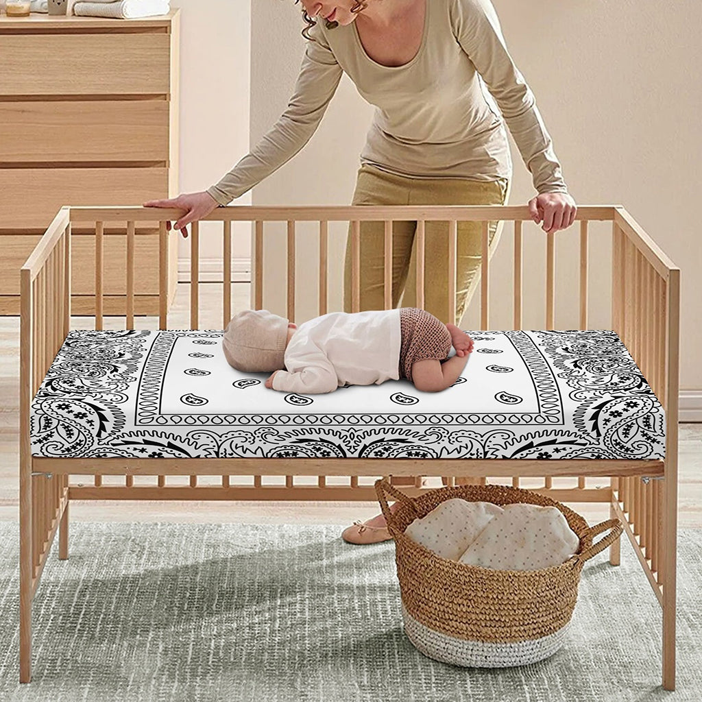 White And Black Paisley Bandana Print Baby Crib Sheet