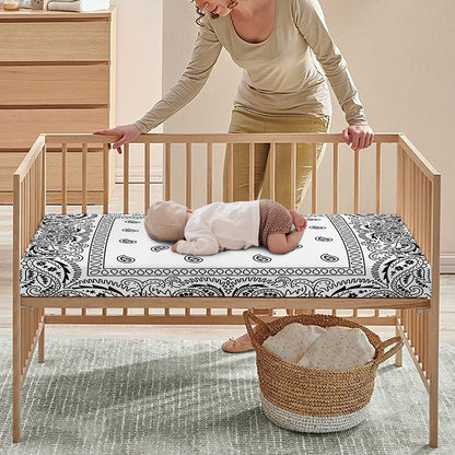 White And Black Paisley Bandana Print Baby Crib Sheet