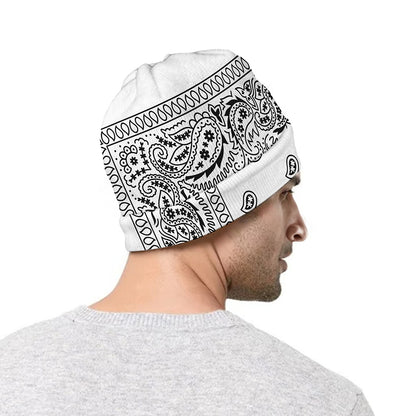 White And Black Paisley Bandana Print Beanie