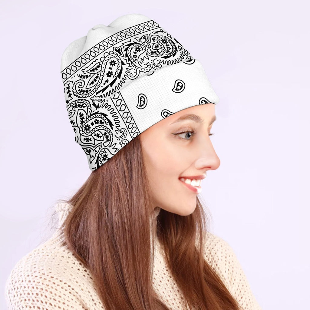 White And Black Paisley Bandana Print Beanie