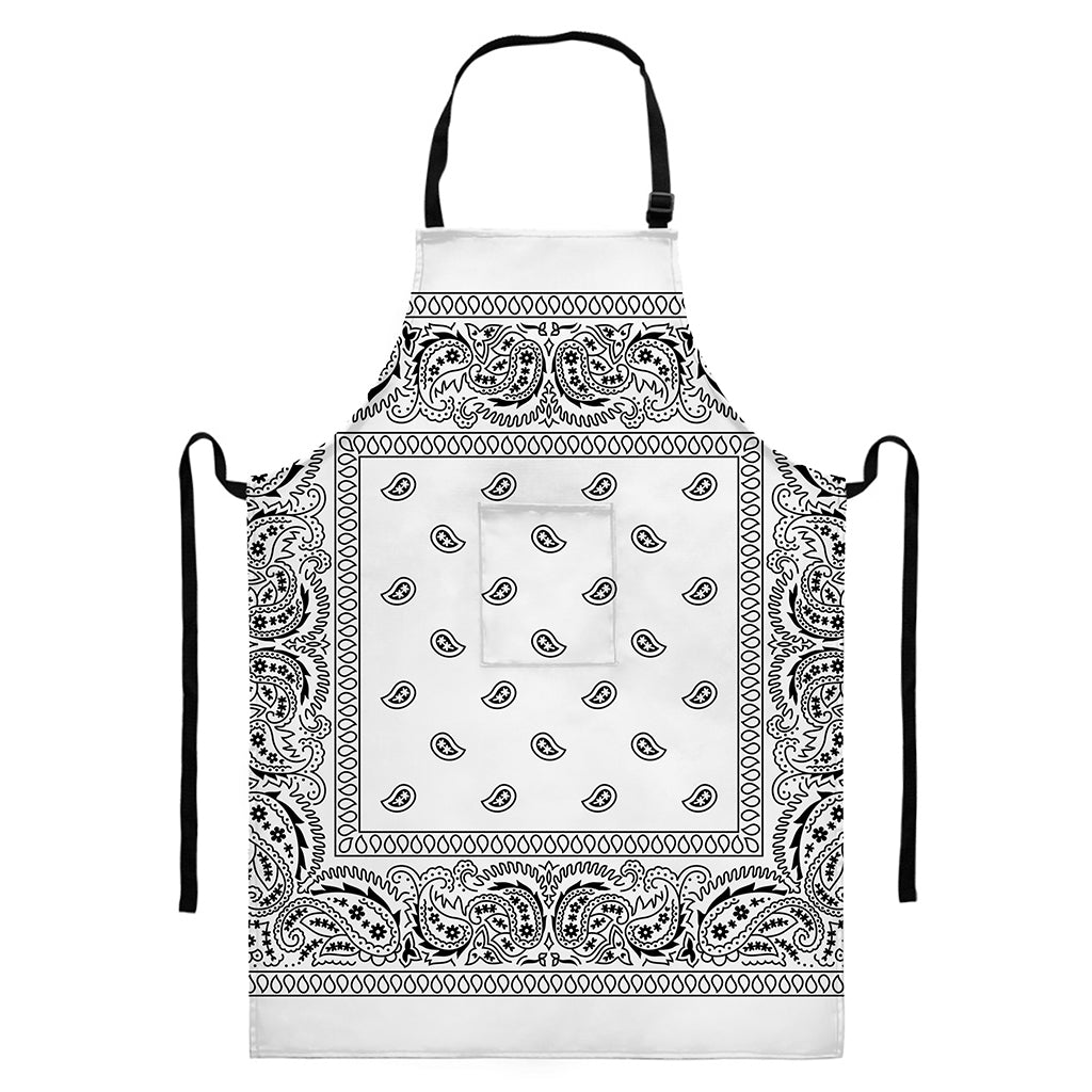 White And Black Paisley Bandana Print Bib Apron With Pocket