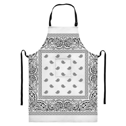 White And Black Paisley Bandana Print Bib Apron With Pocket