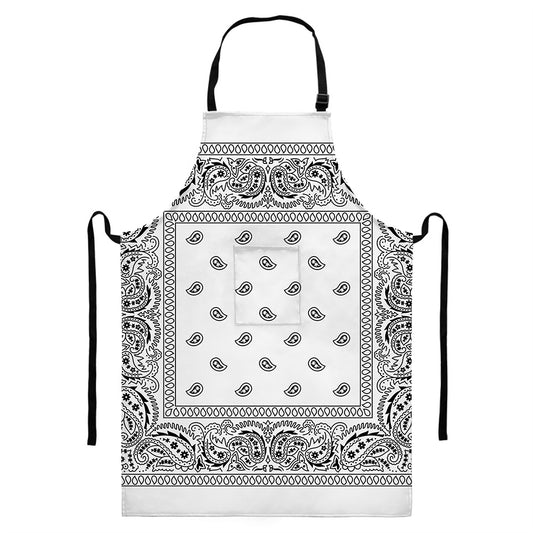 White And Black Paisley Bandana Print Bib Apron With Pocket