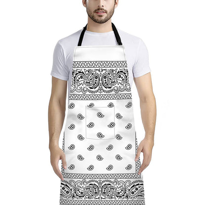 White And Black Paisley Bandana Print Bib Apron With Pocket