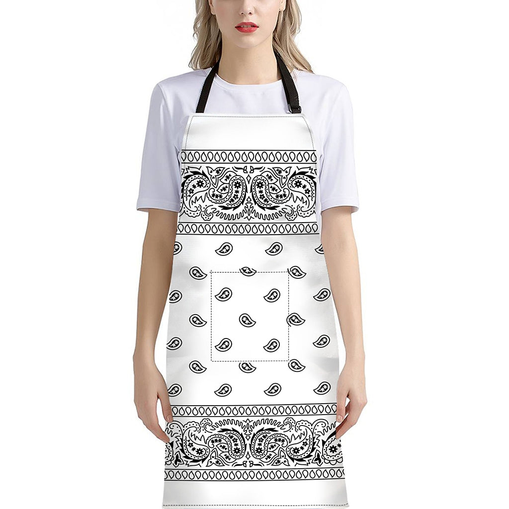 White And Black Paisley Bandana Print Bib Apron With Pocket