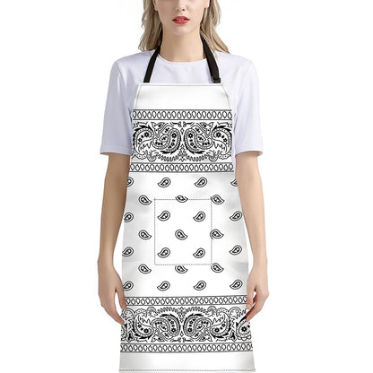 White And Black Paisley Bandana Print Bib Apron With Pocket