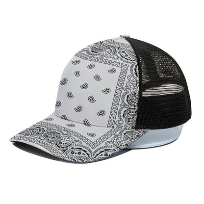 White And Black Paisley Bandana Print Black Mesh Trucker Cap