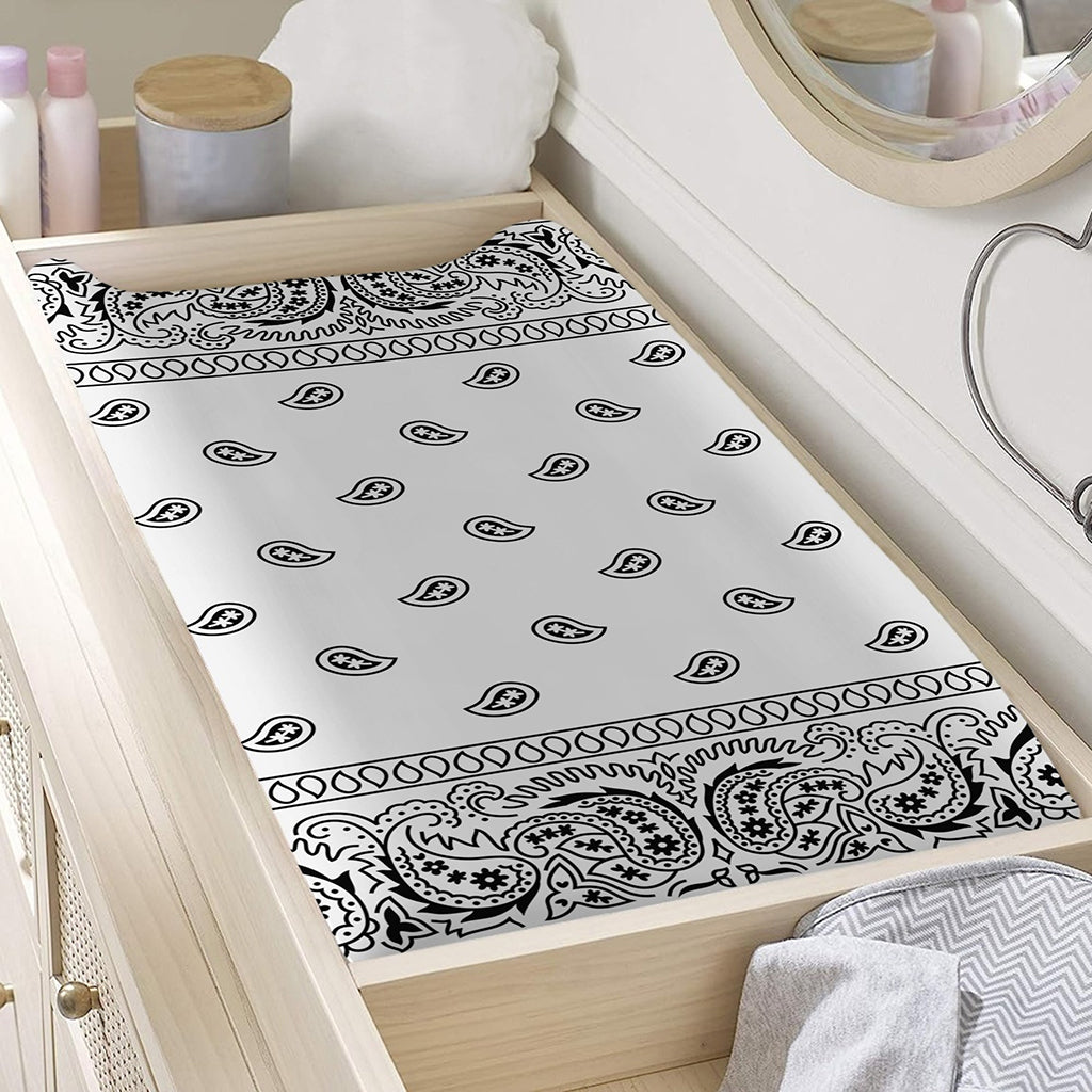 White And Black Paisley Bandana Print Changing Pad Cover