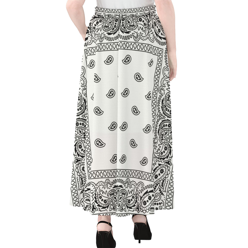 White And Black Paisley Bandana Print Chiffon Maxi Skirt