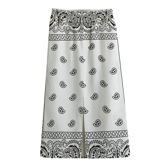 White And Black Paisley Bandana Print Cotton Front Slit Maxi Skirt