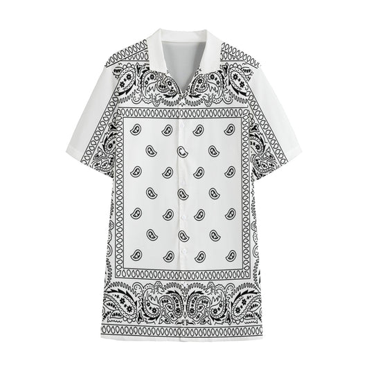 White And Black Paisley Bandana Print Cotton Hawaiian Shirt