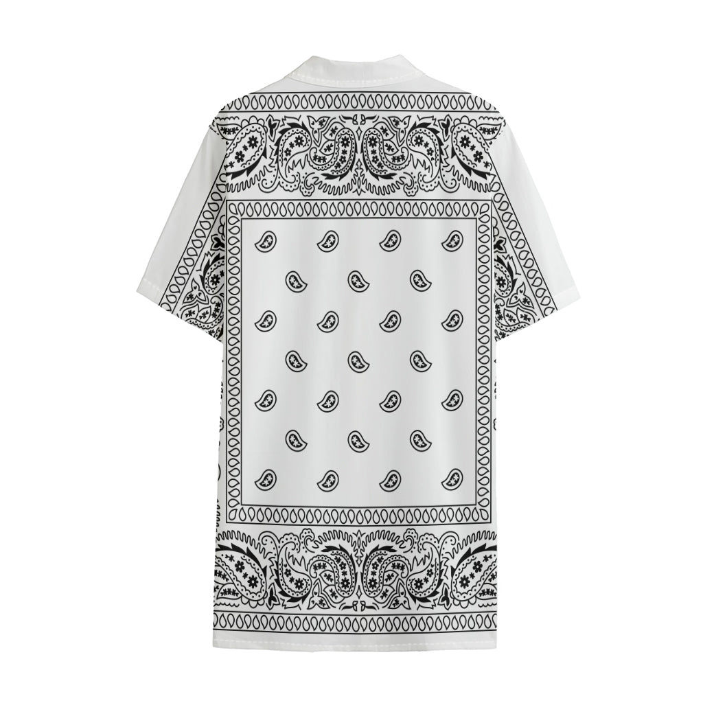 White And Black Paisley Bandana Print Cotton Hawaiian Shirt