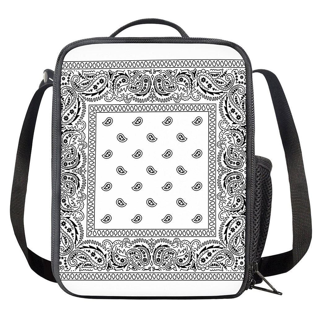 White And Black Paisley Bandana Print Crossbody Lunch Bag