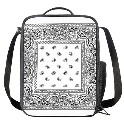 White And Black Paisley Bandana Print Crossbody Lunch Bag
