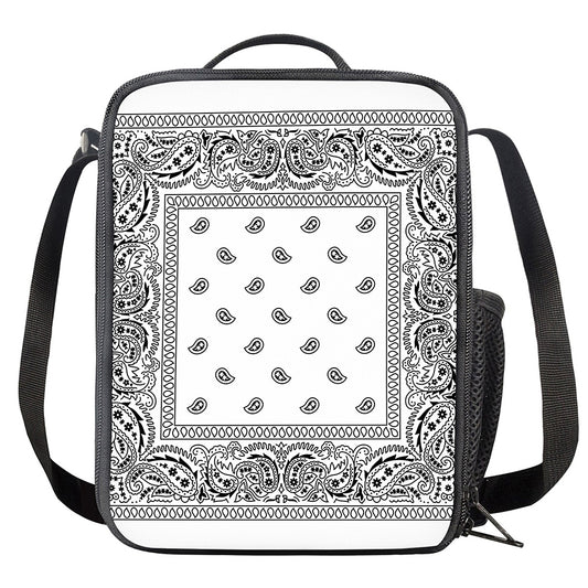White And Black Paisley Bandana Print Crossbody Lunch Bag
