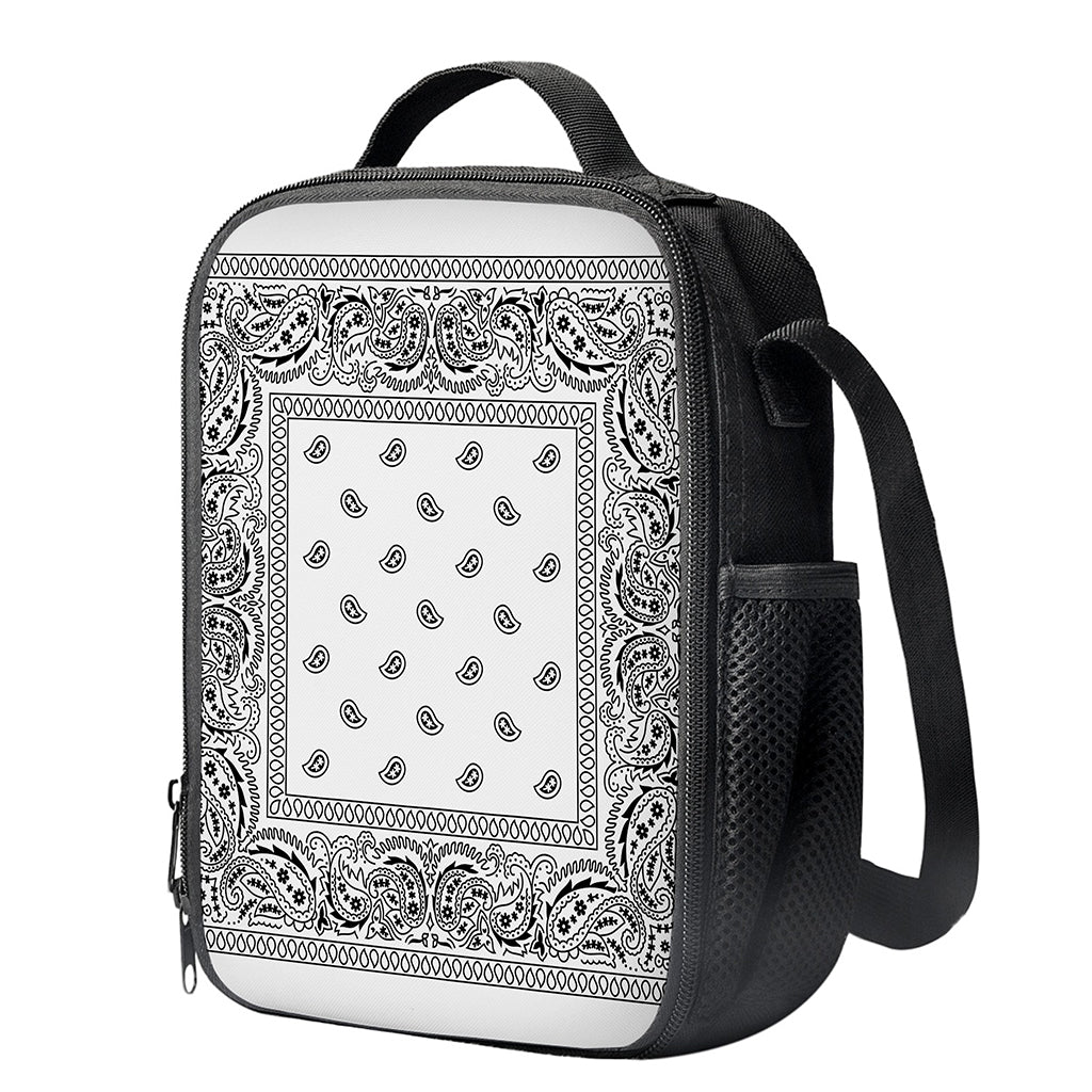 White And Black Paisley Bandana Print Crossbody Lunch Bag