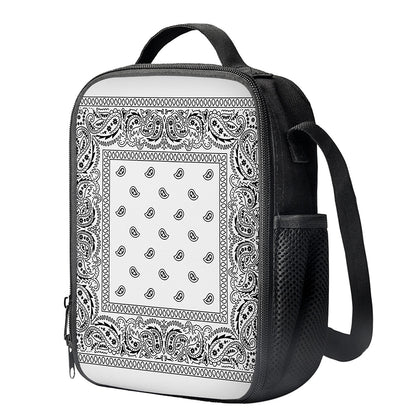 White And Black Paisley Bandana Print Crossbody Lunch Bag