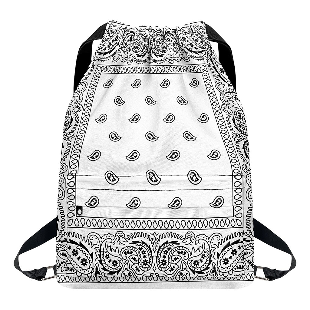 White And Black Paisley Bandana Print Drawstring Backpack