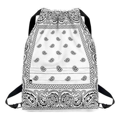 White And Black Paisley Bandana Print Drawstring Backpack