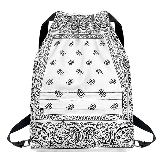 White And Black Paisley Bandana Print Drawstring Backpack