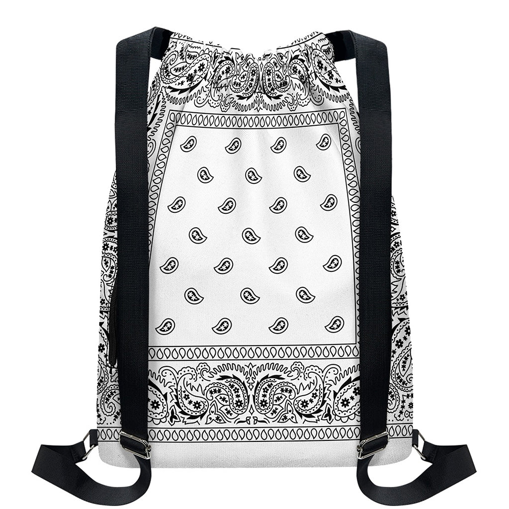 White And Black Paisley Bandana Print Drawstring Backpack