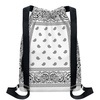 White And Black Paisley Bandana Print Drawstring Backpack