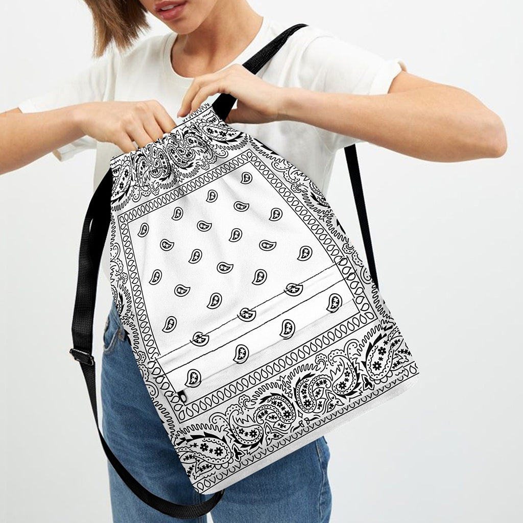 White And Black Paisley Bandana Print Drawstring Backpack