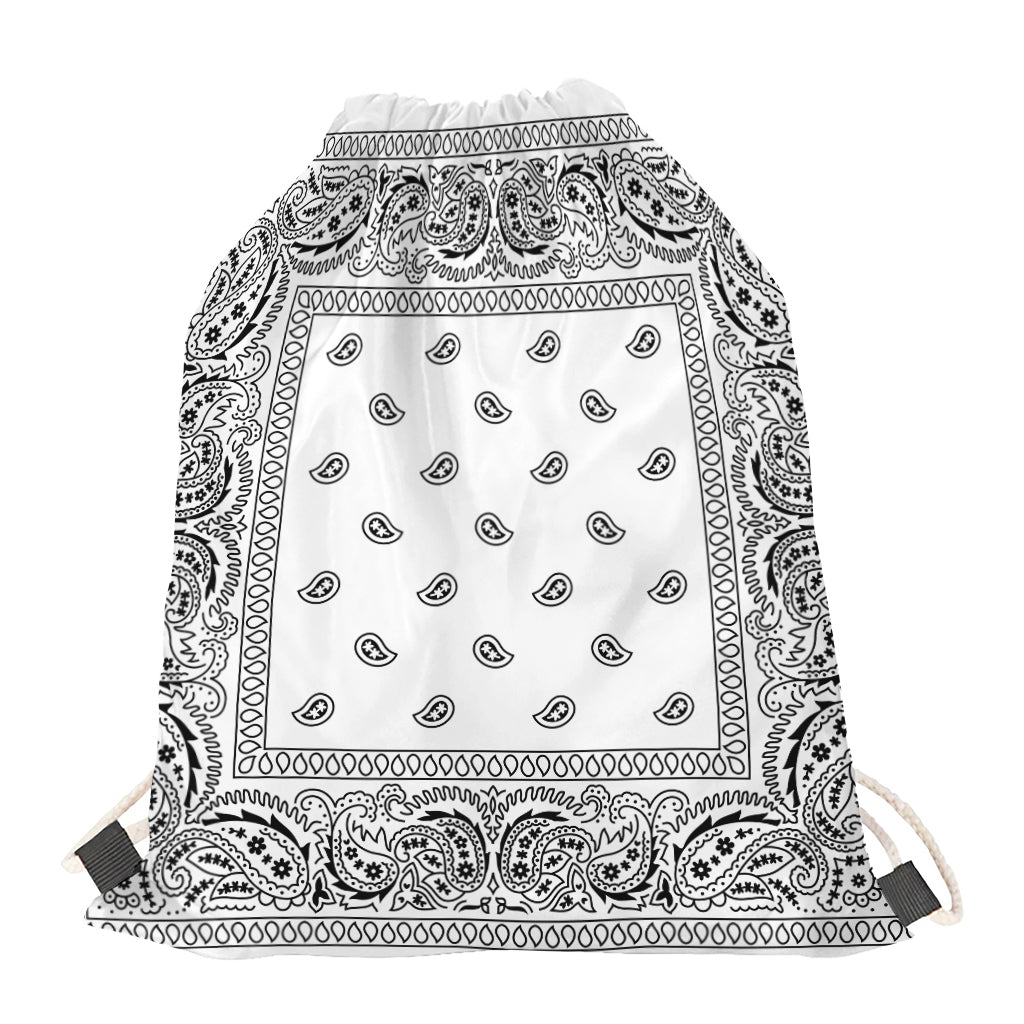 White And Black Paisley Bandana Print Drawstring Bag