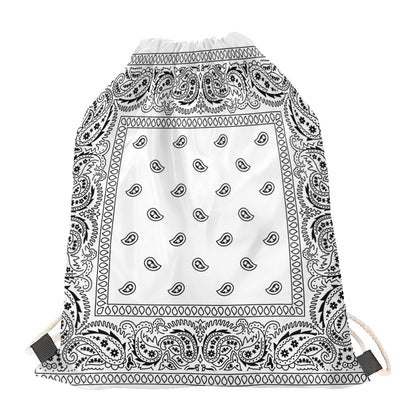 White And Black Paisley Bandana Print Drawstring Bag