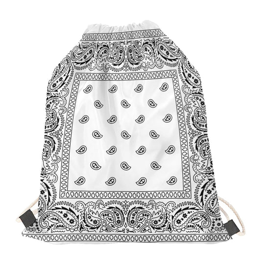 White And Black Paisley Bandana Print Drawstring Bag