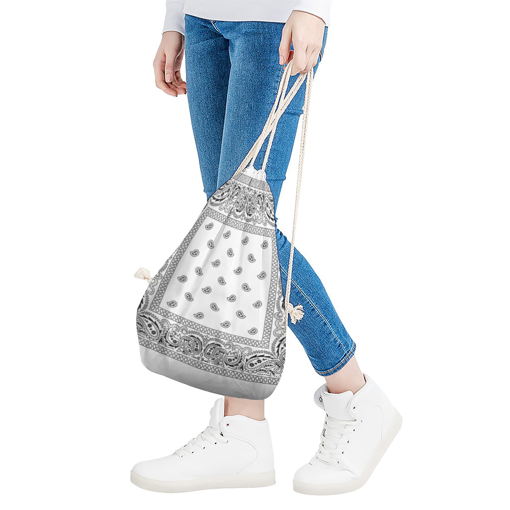 White And Black Paisley Bandana Print Drawstring Bag