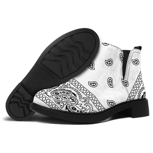 White And Black Paisley Bandana Print Flat Ankle Boots