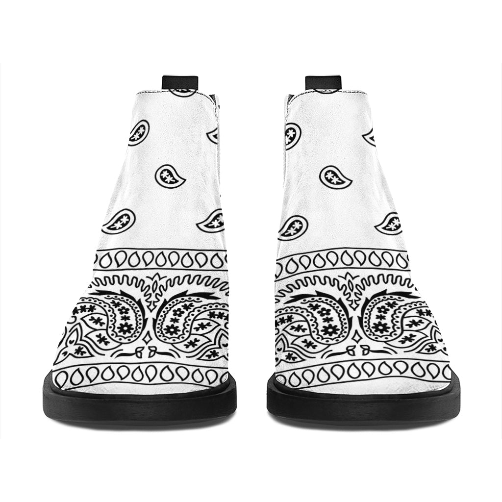 White And Black Paisley Bandana Print Flat Ankle Boots