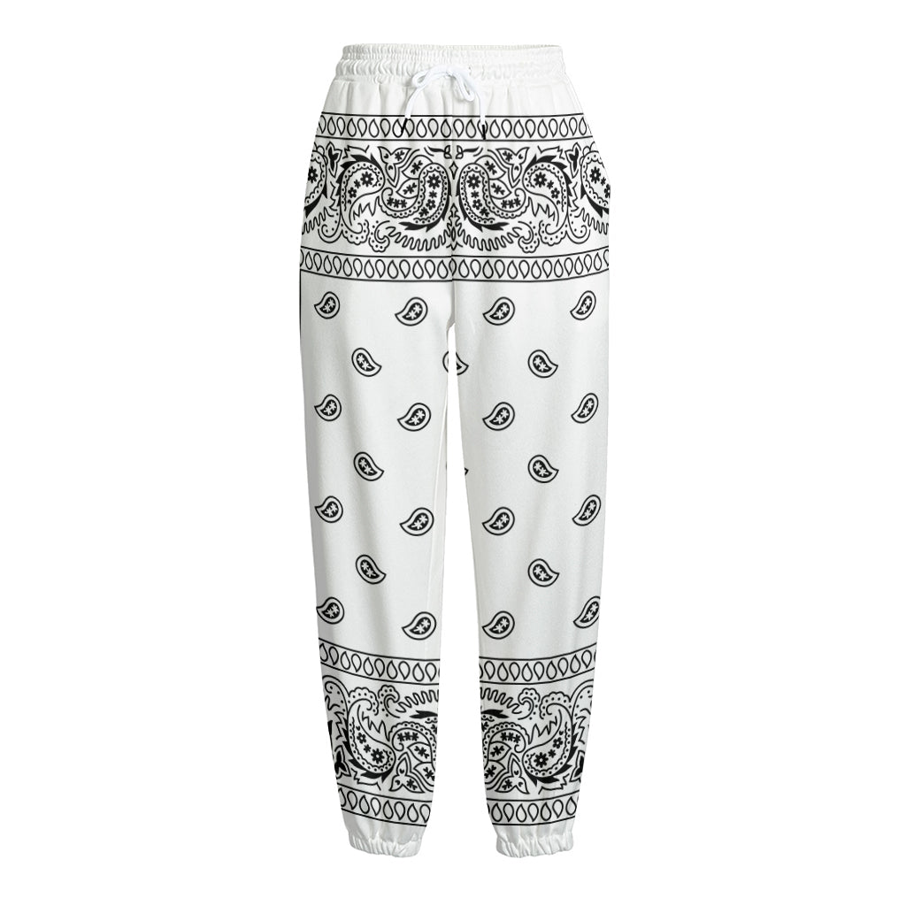 White And Black Paisley Bandana Print Fleece Lined Knit Pants