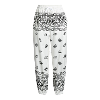 White And Black Paisley Bandana Print Fleece Lined Knit Pants