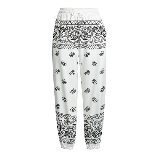 White And Black Paisley Bandana Print Fleece Lined Knit Pants