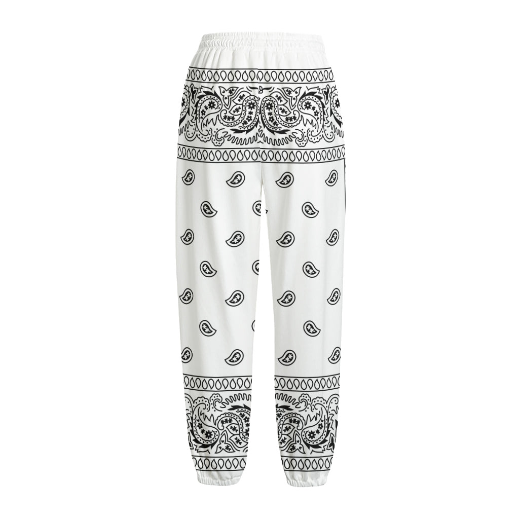 White And Black Paisley Bandana Print Fleece Lined Knit Pants